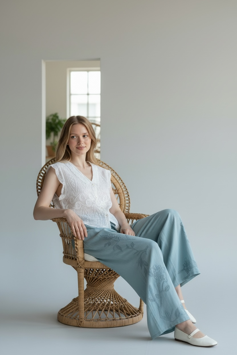 Relaxed 100% Linen Trousers with Embroidery