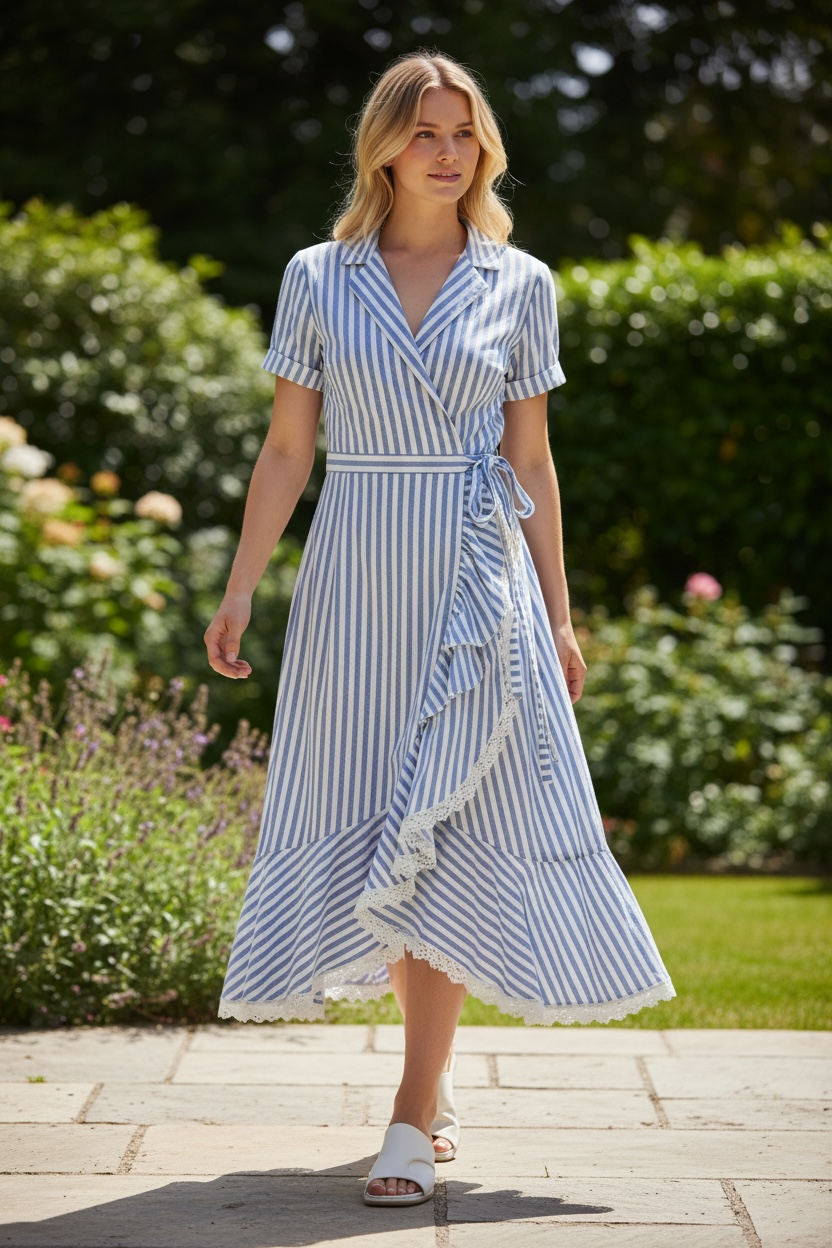 Striped Wrap Midi Dress with Belt