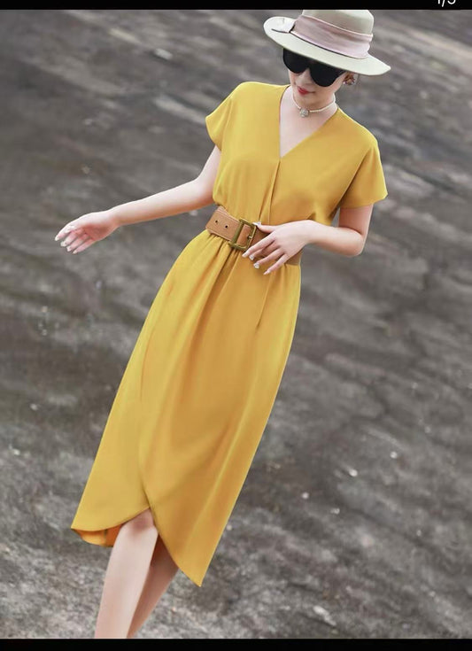 Short Sleeve V-Neck Waist Tie Split Dress Women