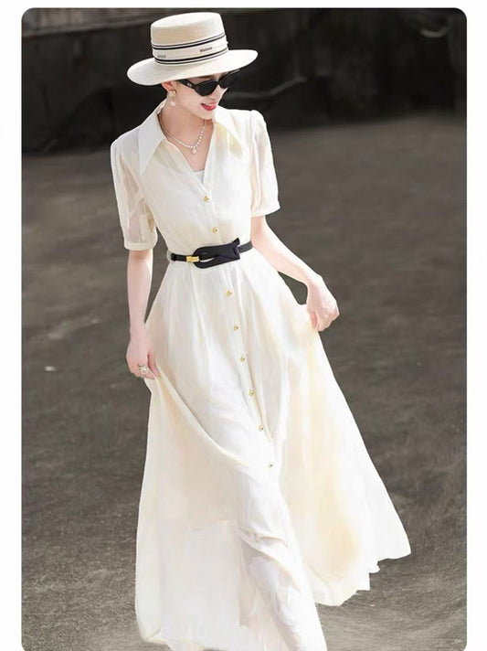 Single-breasted short-sleeved V-neck waist tie dress women