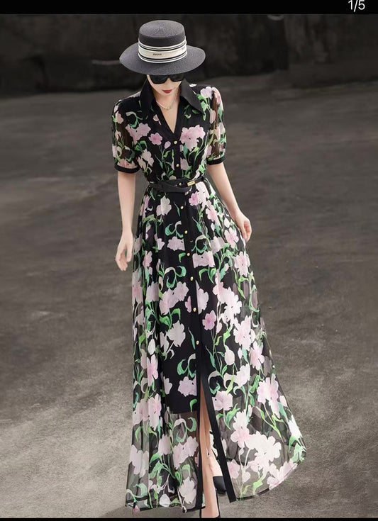 Single Breasted Waisted Short Sleeve Printed Shirt Dress Women