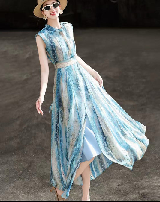 Waist Tie Sleeveless Blue Printed Swing Dress Women