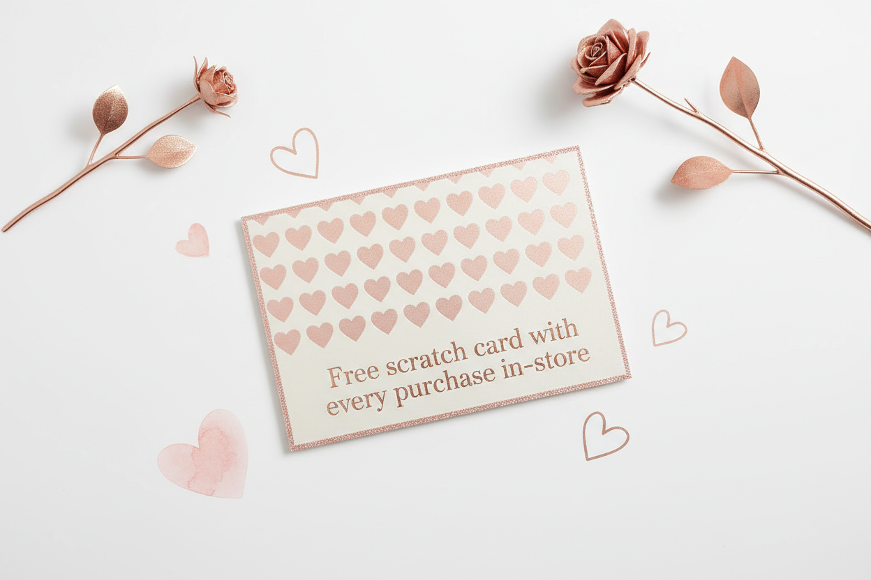 Free scratch card with every purchase in-store, minimalistic background , love, valentines day,luxurious but clean