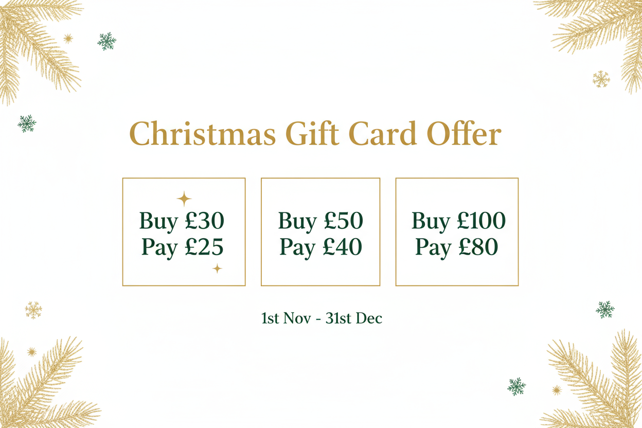 xmas gift card offer buy £30 pay £25 buy £50 pay £40 buy £100 pay £80 1st Nov-31st Dec background chrismtas minimalistic and clean